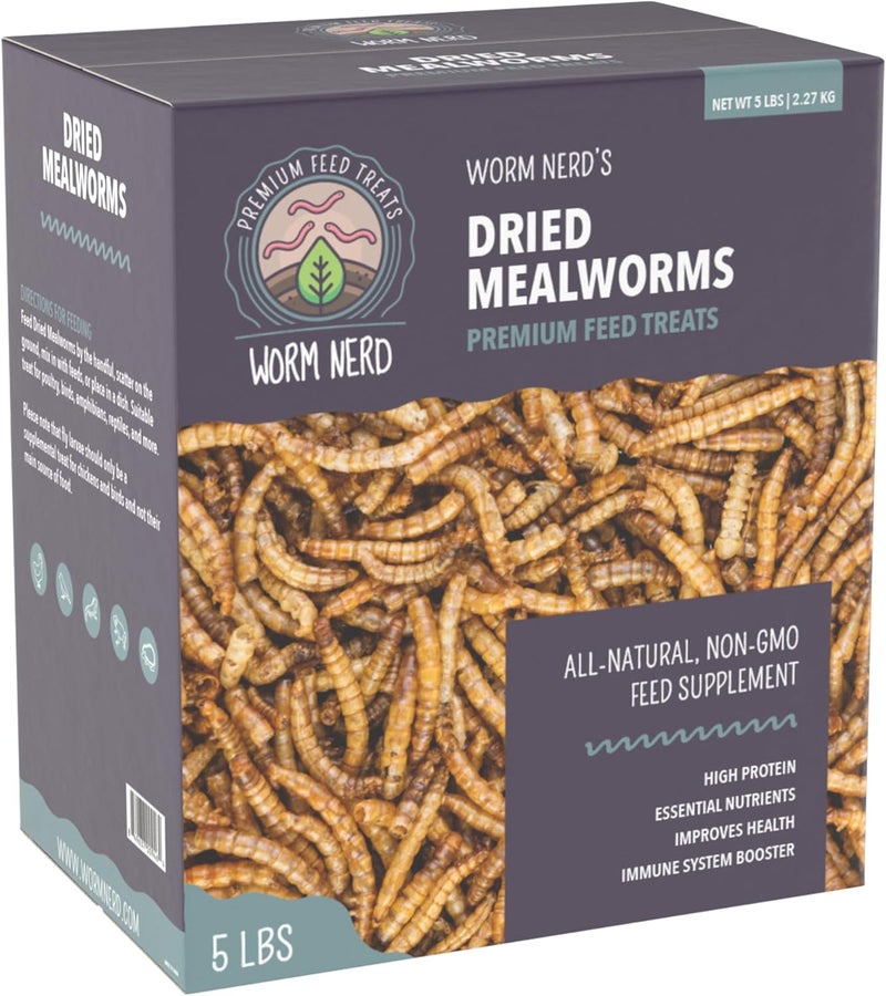 Worm Nerd WN60 5LB ديدان الوجبة المجففة غير المعدلة وراثيًا عالية البروتين والألياف لعلاج الدجاج والطيور والزواحف والبرمائيات والأسماك - Image 1